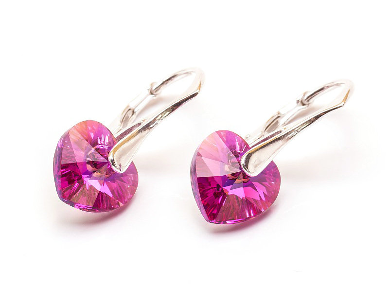 Srebrne Kolczyki 925 z kryształami Swarovski Serca 10mm Fuchsia AB