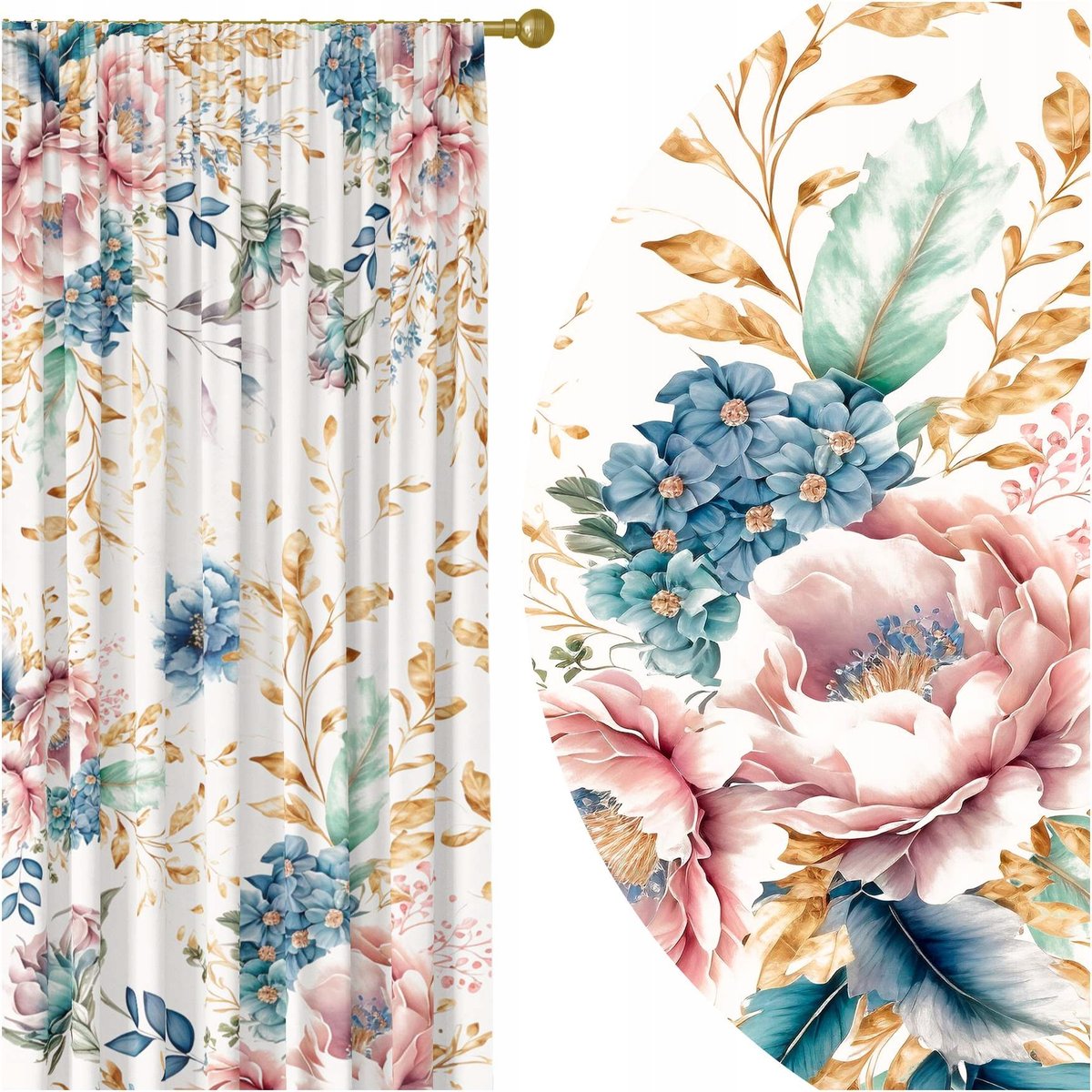 GOTOWE ZASŁONY NA ŻABKI TAŚMIE 140X250 ZASŁONA KWIATY 145 SKRÓCENIE W CENIE