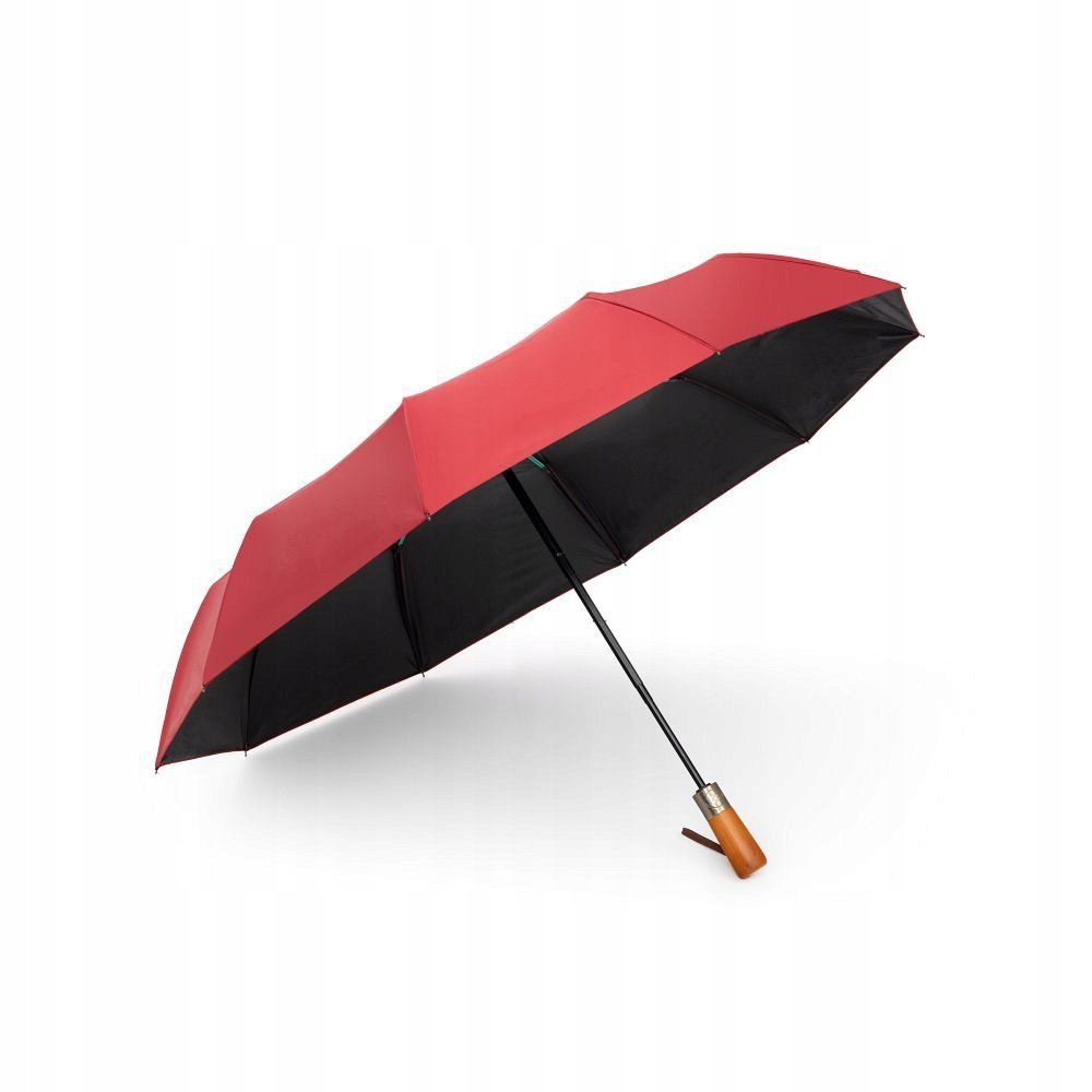 Duży, automatyczny składany parasol z drewnianą rączką 115cm czerwony