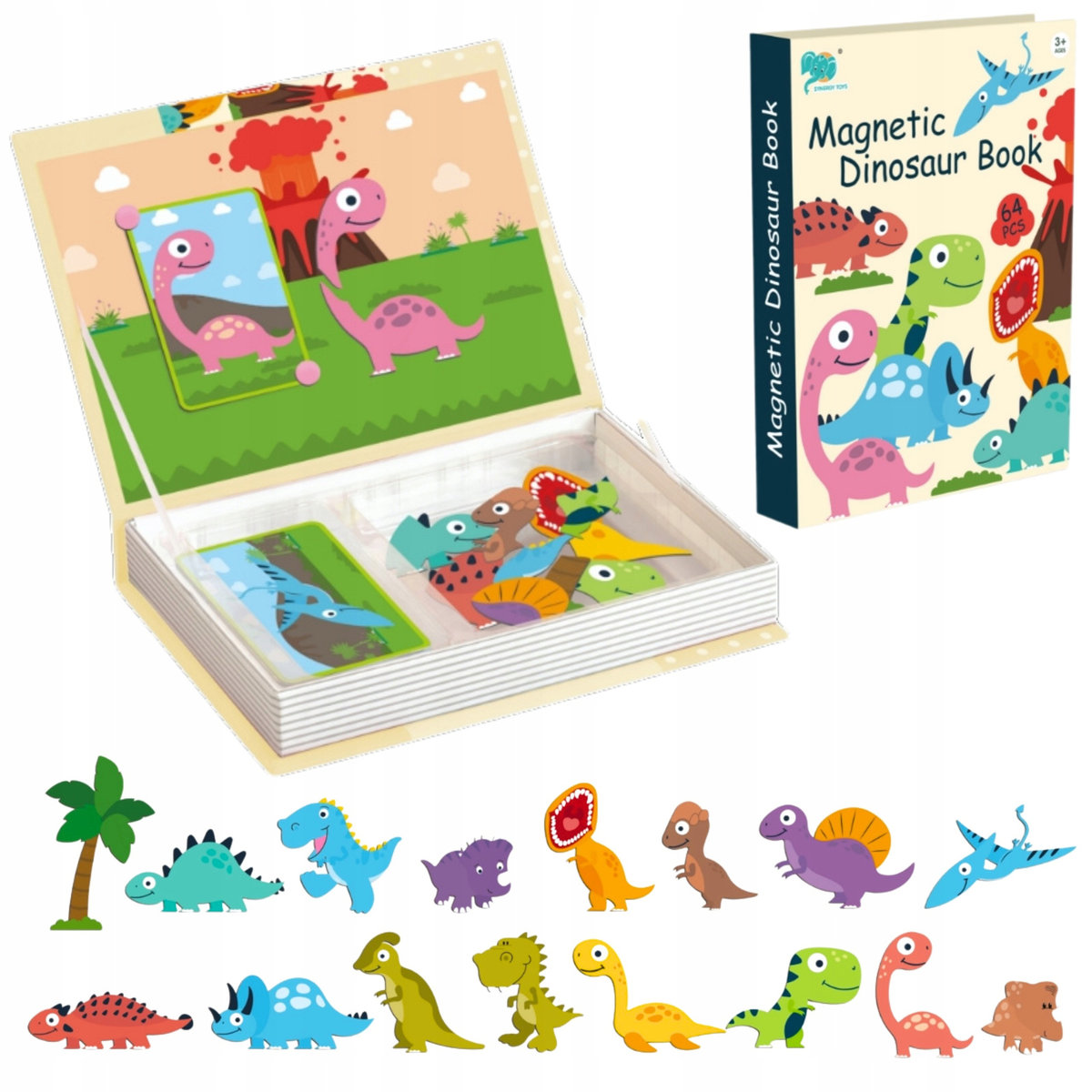 Układanka Magnetyczna Puzzle Montessori 64 El. Dinozaury Książka Edukacyjna