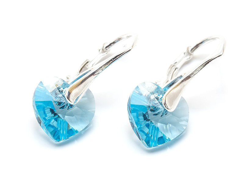Srebrne Kolczyki 925 z kryształami Swarovski Serca 10mm Aquamarine