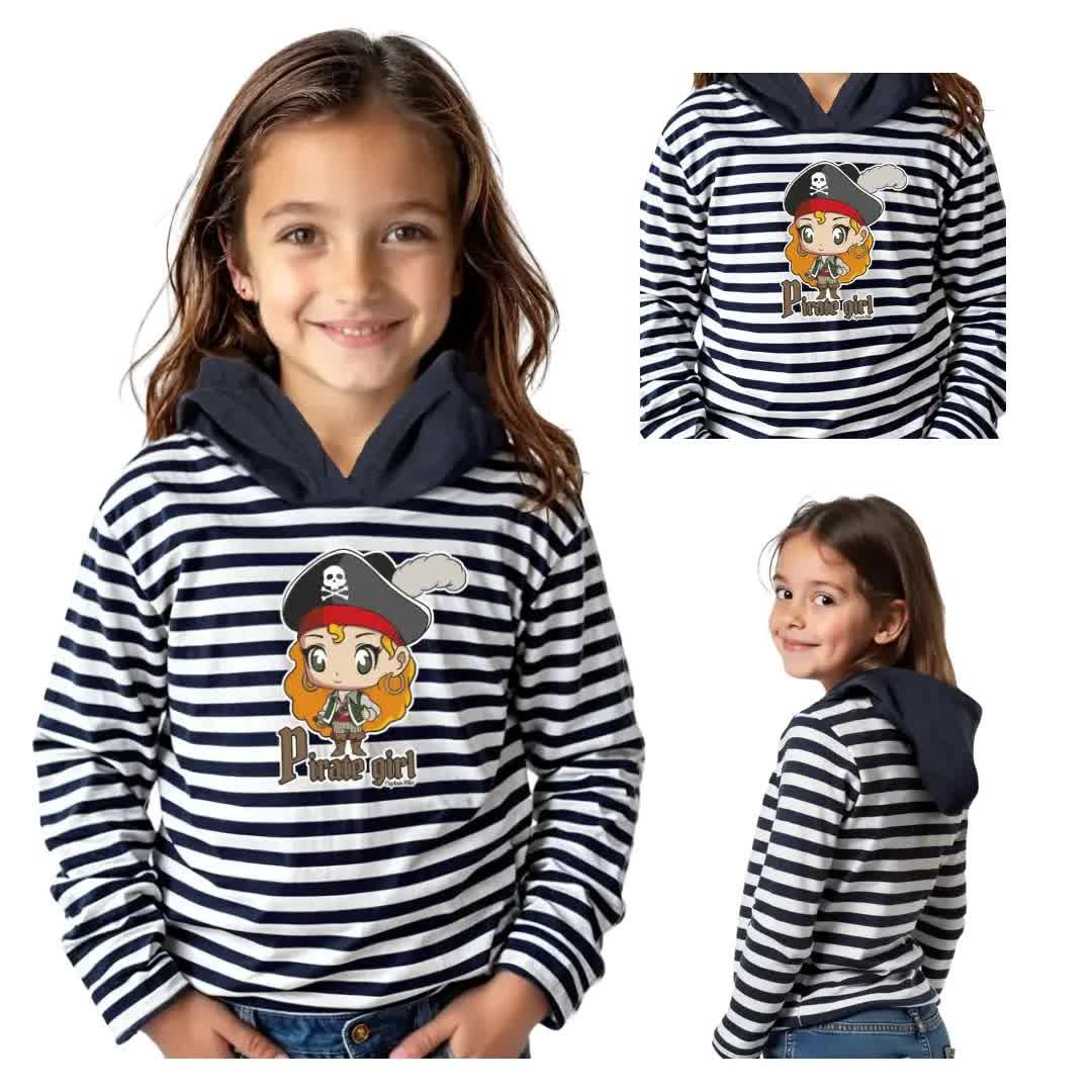 Koszulka dziewczęca z kapturem, długi rękaw z motywem dziewczynki pirata, Biała w granatowe paski, Captain Mike 80/86