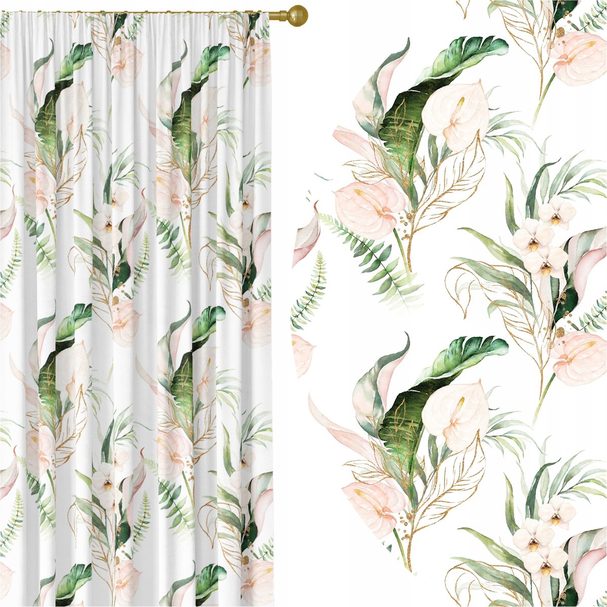 GOTOWE ZASŁONY NA ŻABKI TAŚMIE 140X250 ZASŁONA KWIATY 133 SKRÓCENIE W CENIE