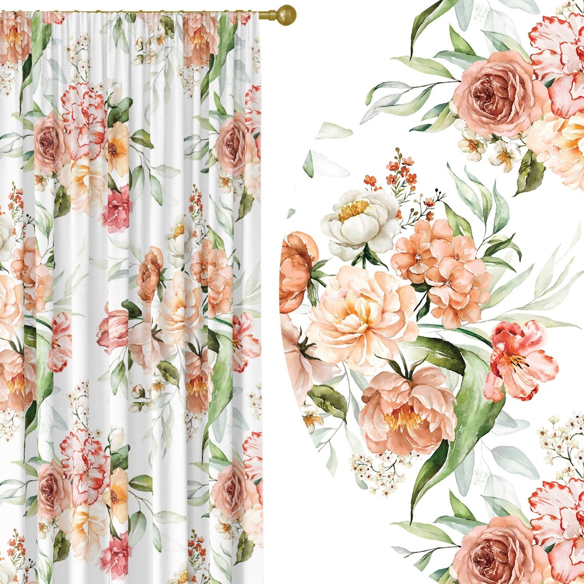 GOTOWE ZASŁONY NA ŻABKI TAŚMIE 140X250 ZASŁONA KWIATY 128 SKRÓCENIE W CENIE