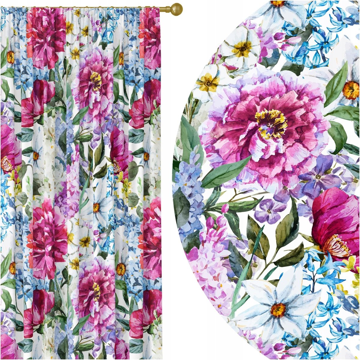 GOTOWE ZASŁONY NA ŻABKI TAŚMIE 140X250 ZASŁONA KWIATY 282 SKRÓCENIE W CENIE