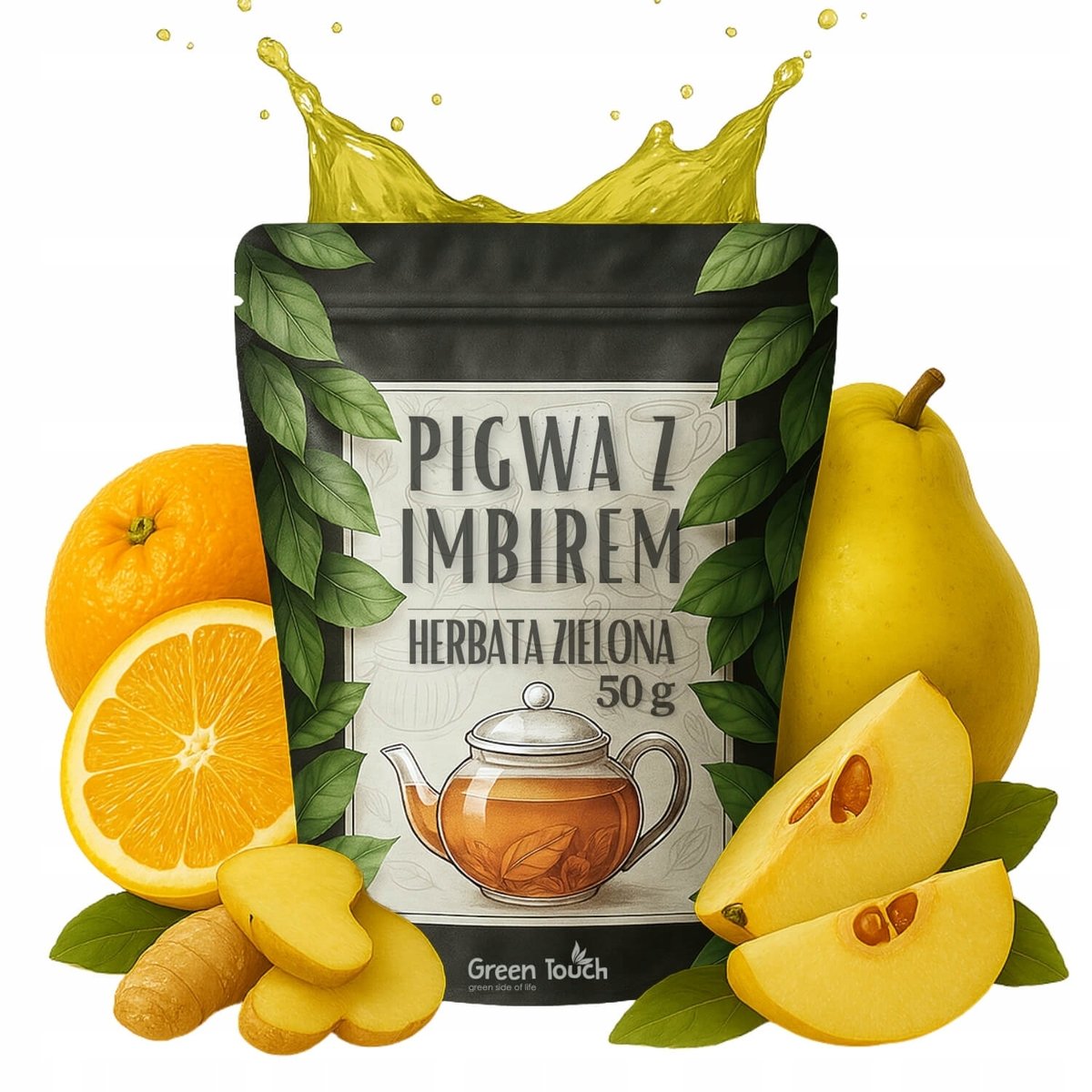 Herbata zielona PIGWA Z IMBIREM 50 g ROZGRZEWAJĄCA IMBIR PIGWA I POMARAŃCZĄ