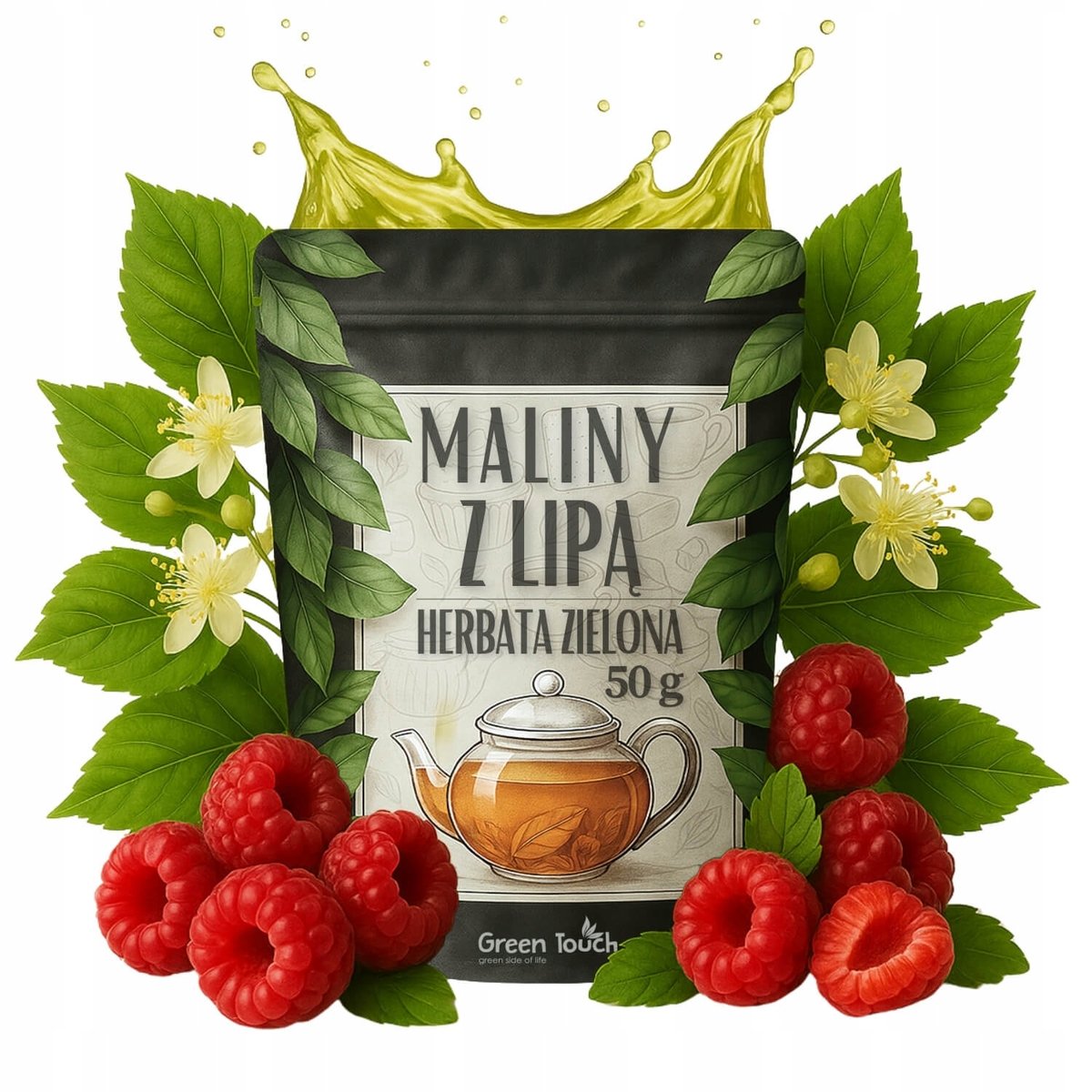 top Herbata zielona MALINA Z LIPĄ 50 g Z MALINĄ I LIPĄ 35% - ŁAGODNA I LEKKA