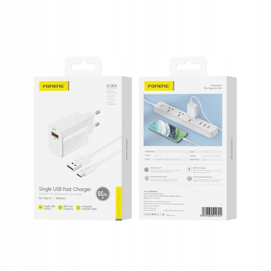 FONENG ładowarka sieciowa EU64 18W 1xUSB QC3.0 + kabel USB-C Biały