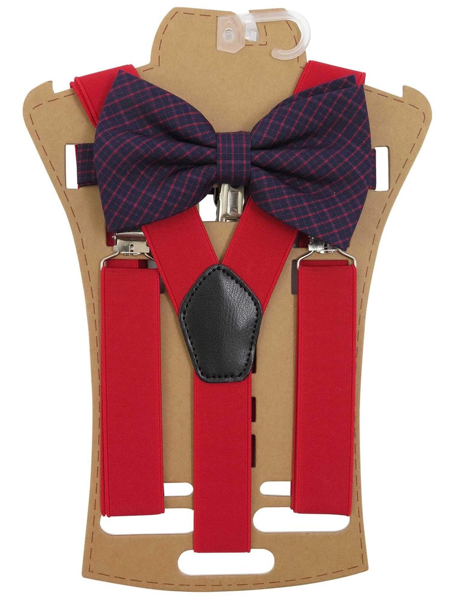 Zestaw - czerwone szelki do spodni i granatowa mucha w kratkę XM8