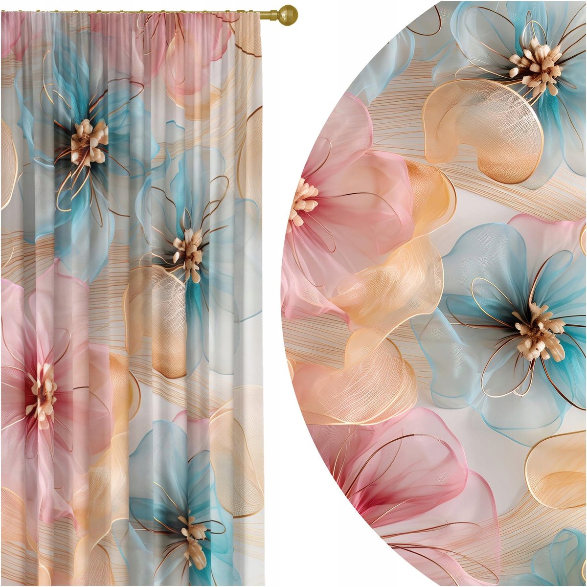 GOTOWE ZASŁONY NA ŻABKI TAŚMIE 140X250 ZASŁONA KWIATY 265 SKRÓCENIE W CENIE