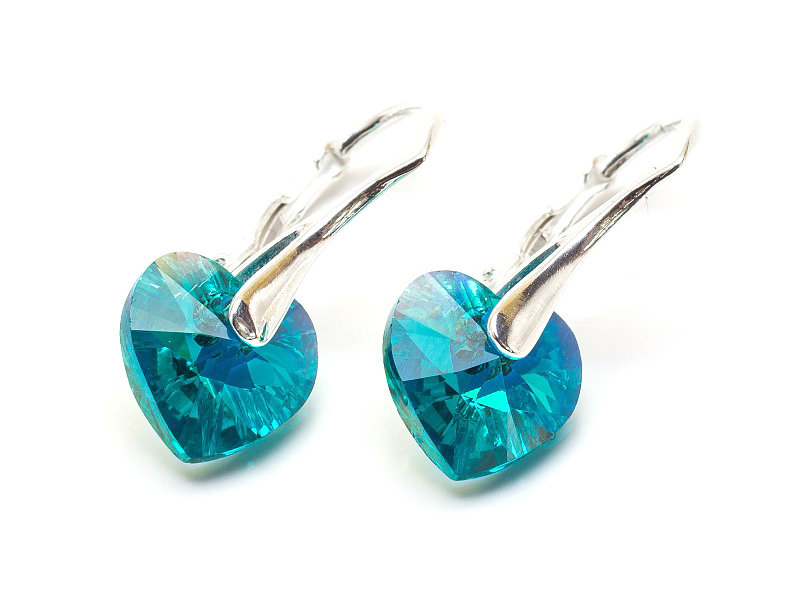 Srebrne Kolczyki 925 z kryształami Swarovski Serca 10mm Blue Zircon AB