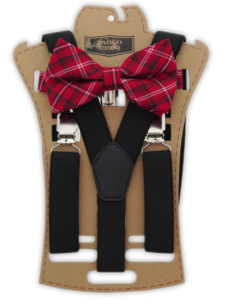 Zestaw - czarne szelki do spodni i czerwona mucha w kratkę XM21