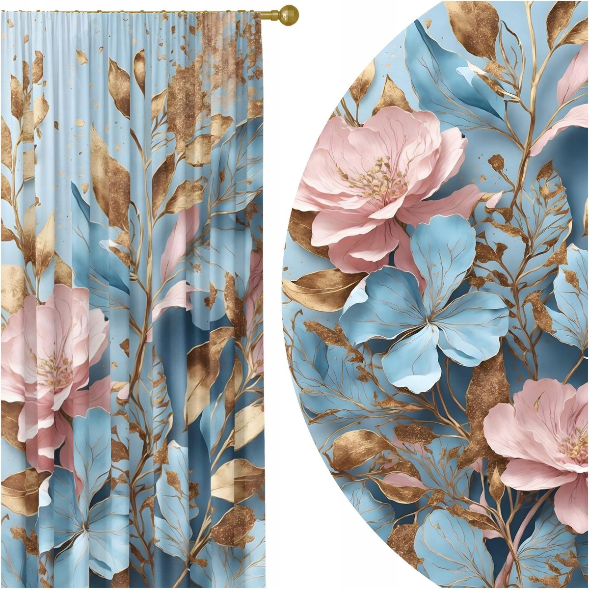 GOTOWE ZASŁONY NA ŻABKI TAŚMIE 140X250 ZASŁONA KWIATY 270 SKRÓCENIE W CENIE