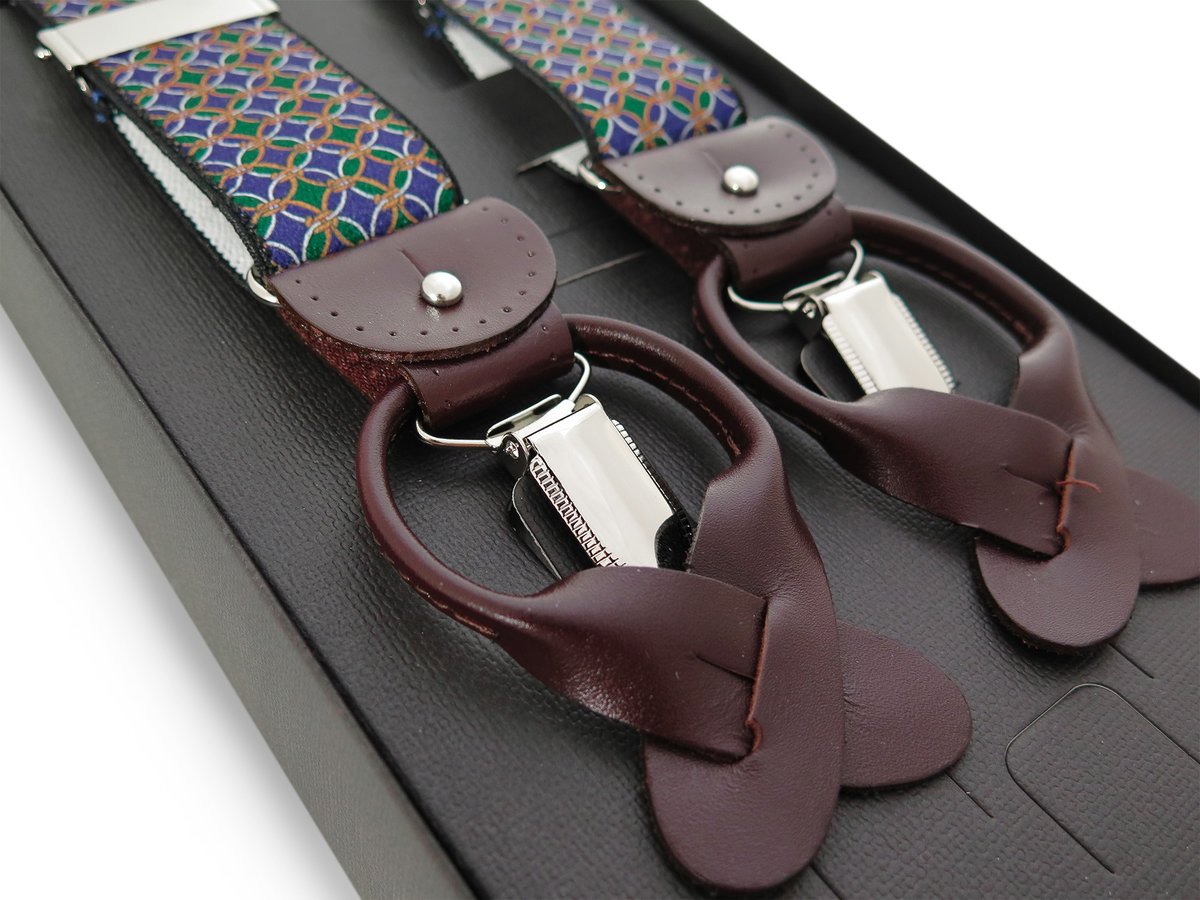 Granatowo-zielone szelki do spodni na guziki z brązową skórą G72