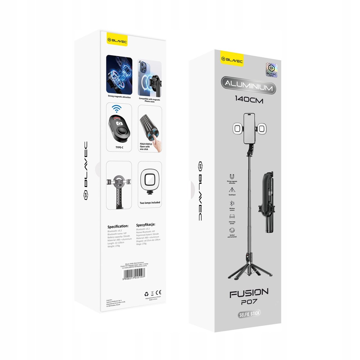 Selfie Stick Statyw Tripod Kijek Do Telefonu Magsafe + 2x Lampa Led Pilot