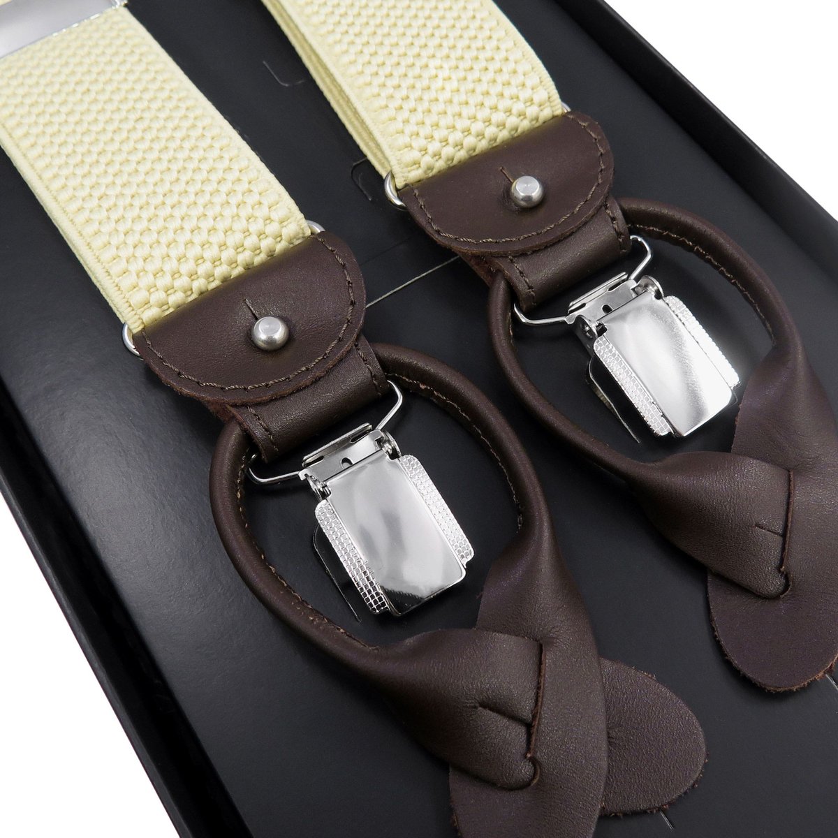 Beżowe szelki męskie na guziki z brązowymi skórkami G51