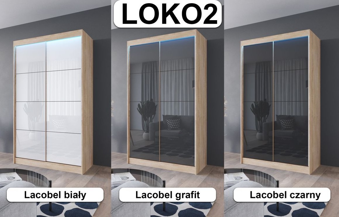 Szafa Loko 2 Przesuwna, 100 Cm, 2-Drzwiowa Biała, Sonoma, Wenge, Szkło Lacobel Białe, Czarne, Grafit, Opcja Oświetlenia Led