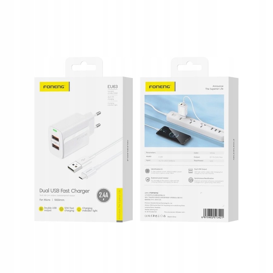 FONENG ładowarka sieciowa EU63 2.4A 12W 2xUSB + kabel Micro Biały