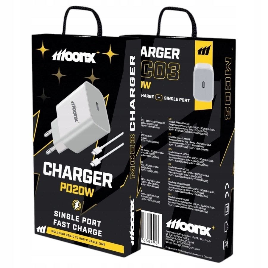 MOONX ładowarka sieciowa MC03 PD 20W 1xUSB-C + kabel USB-C - USB-C Biały