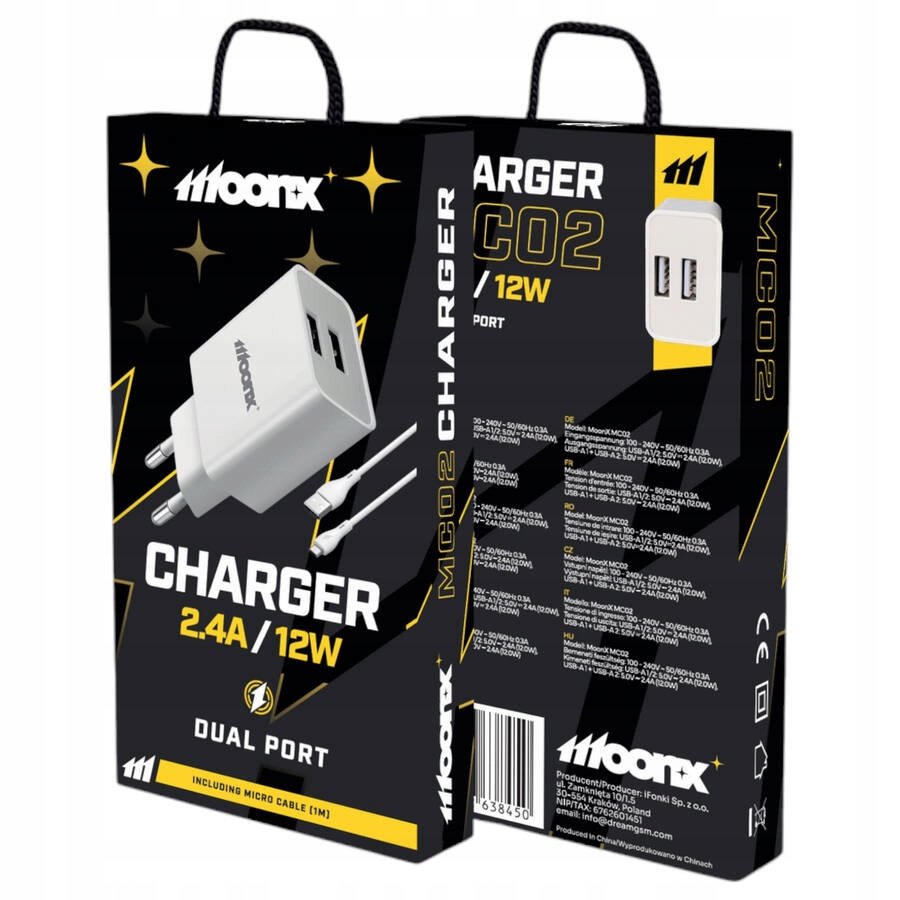 MOONX ładowarka sieciowa MC02 2.4A 12W 2xUSB + kabel Micro Biały
