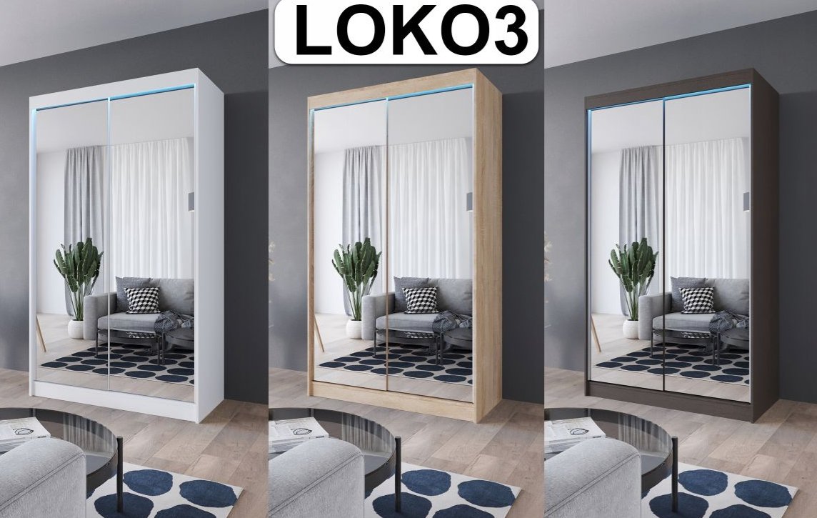 Szafa Loko 3 Przesuwna 100 Cm, 2-Drzwiowa Z Lustrem, Biała, Sonoma, Wenge, Opcja Oświetlenia Led