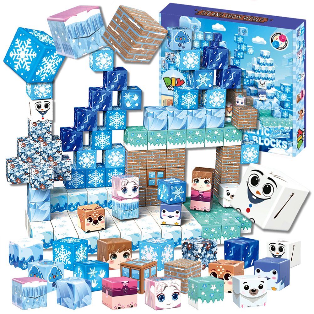 Klocki Magnetyczne 3D Kostki Konstrukcyjne Piksele Bloczki Kosteczki Zestaw Kreatywnych Klocków Budowlanych 100 el. XXL ZIMOWY ŚWIAT Magnetic Blocks
