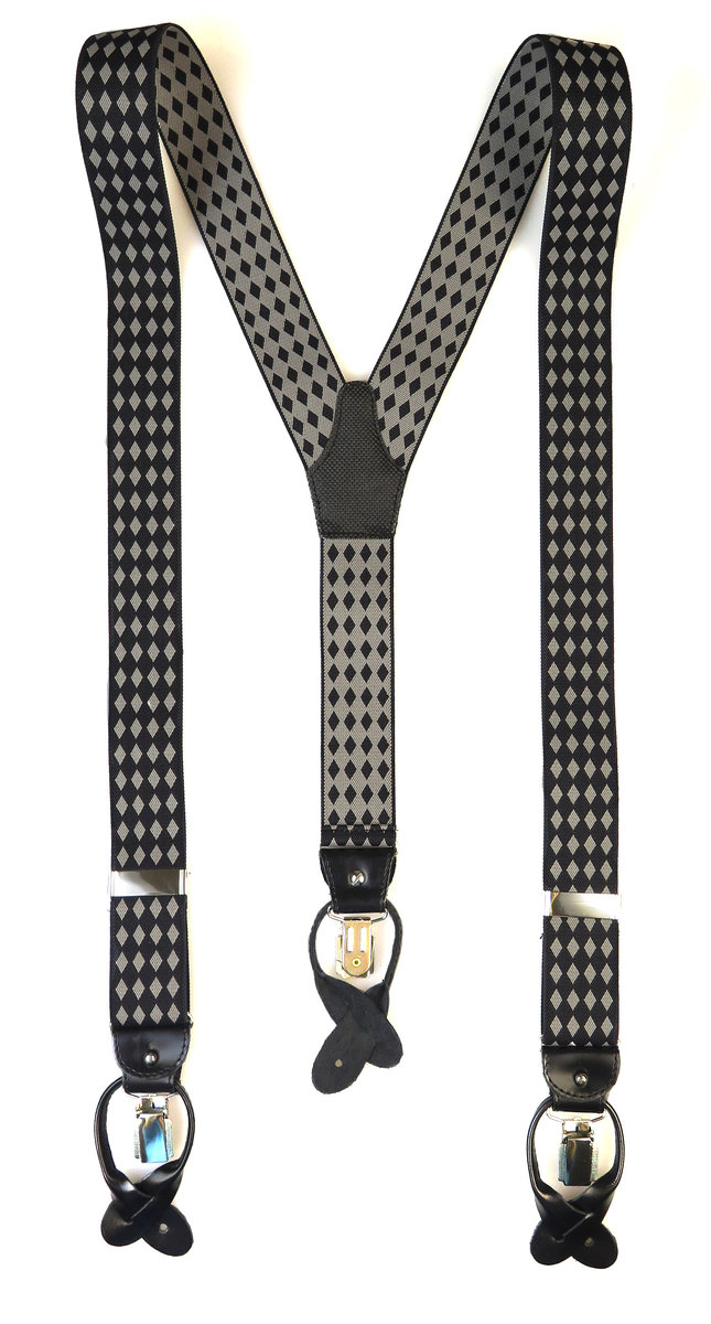 Czarne szelki na guziki z drobnymi szarymi rombami G32