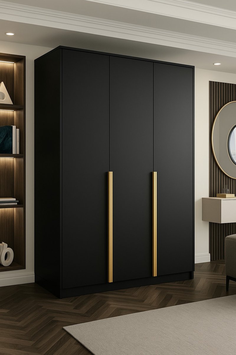 Szafa Liza 3-Drzwiowa 150 Cm Otwierana Czarna, Uchwyt Czarny Lub Złoty