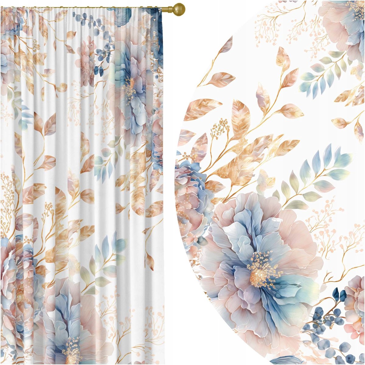 GOTOWE ZASŁONY NA ŻABKI TAŚMIE 140X250 ZASŁONA KWIATY 144 SKRÓCENIE W CENIE