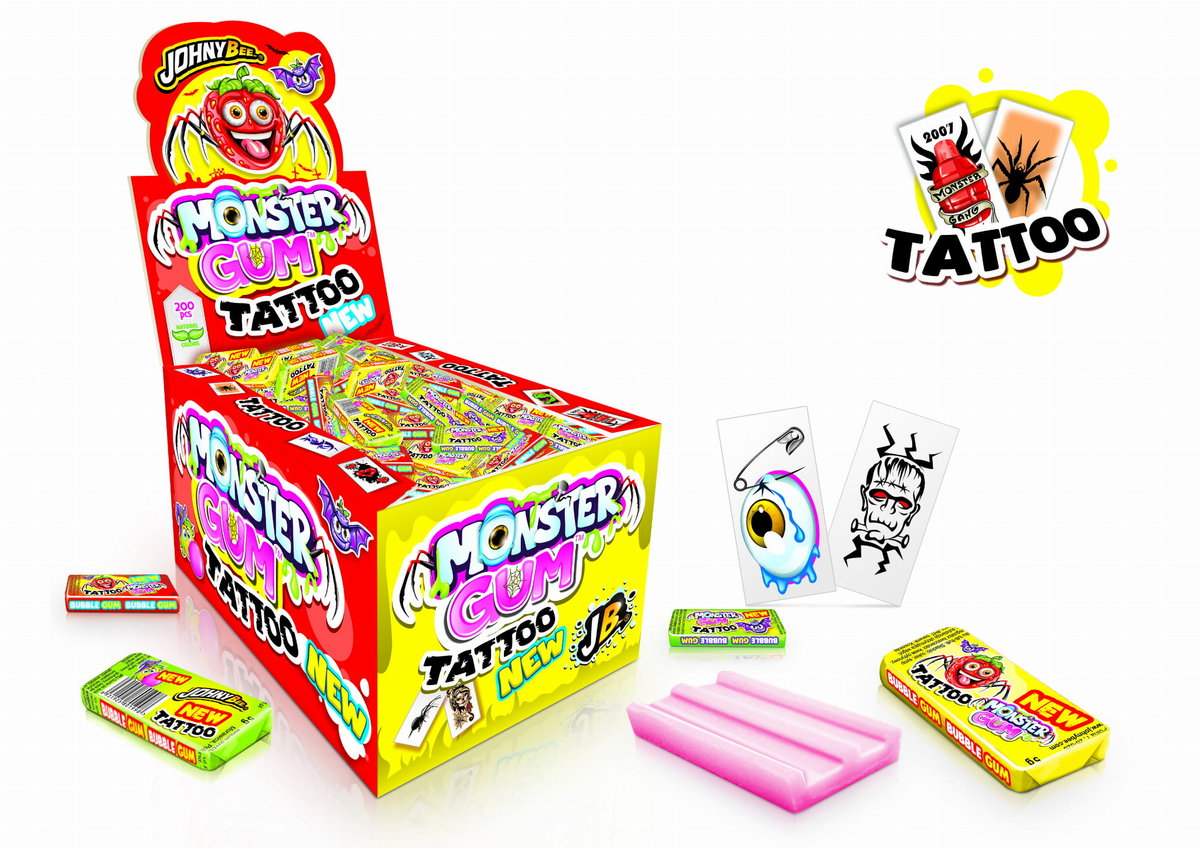 JOHNY BEE MONSTER GUM + TATTOO GUMA DO ŻUCIA Z TATUAŻAMI 200szt