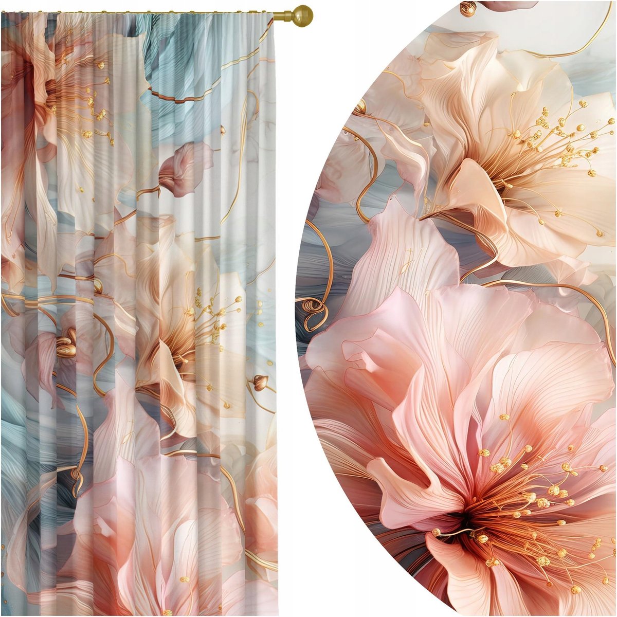 GOTOWE ZASŁONY NA ŻABKI TAŚMIE 140X250 ZASŁONA KWIATY 267 SKRÓCENIE W CENIE