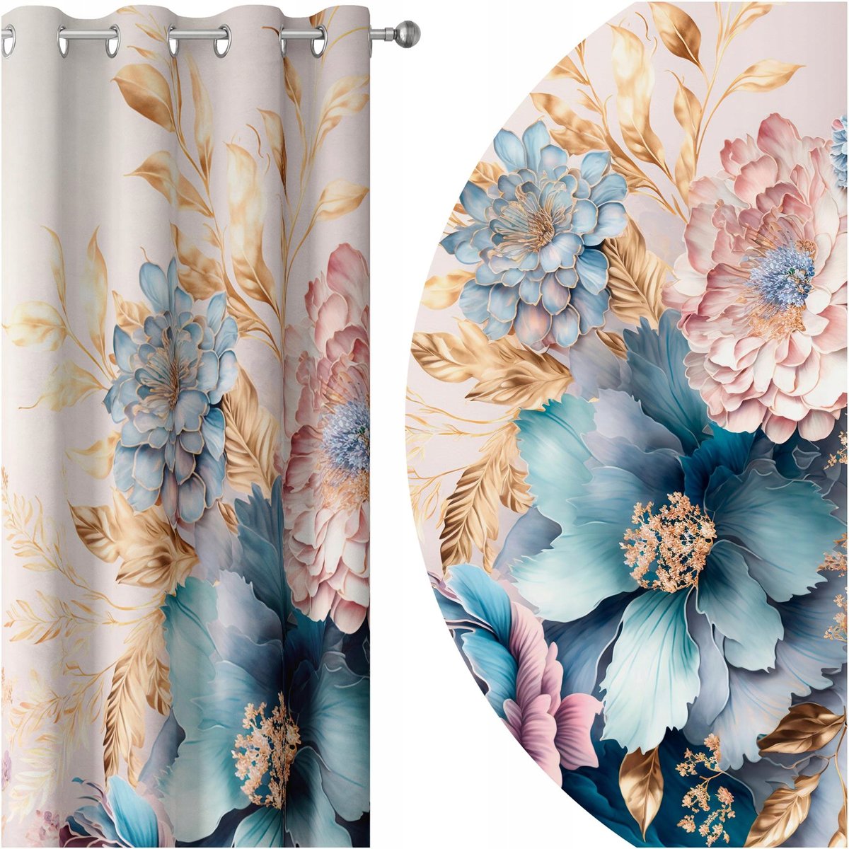 ZASŁONY GOTOWE NA PRZELOTKACH 140x250 PRZELOTKI KWIATY 143 SKRÓCENIE W CENIE