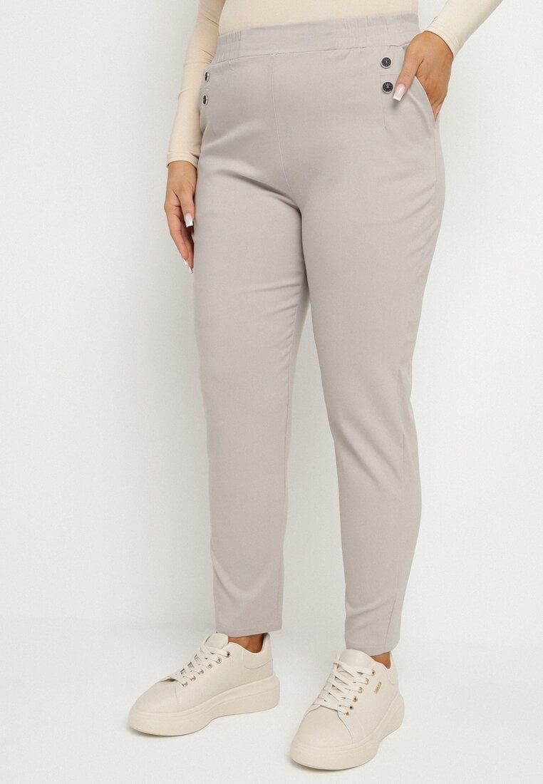 Beżowe Spodnie z Wiskozą i Ozdobnymi Guzikami Tenzina