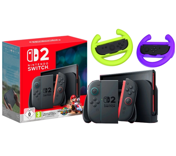 Nintendo Switch 2 Joy-Con Czarny + Mario Kart World + Kierownica Yaxo Joy-Con Wheels Set