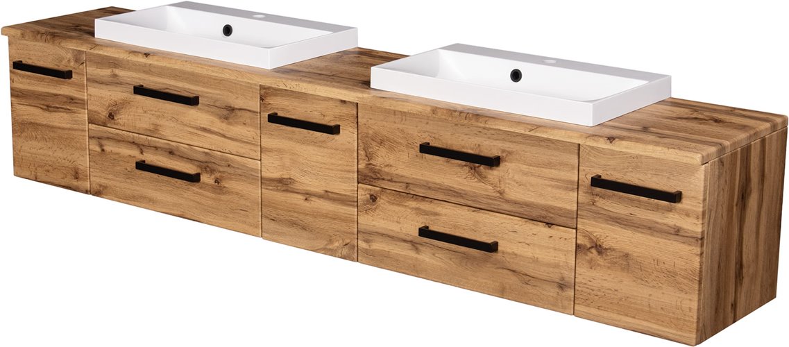 Szafka wisząca z dwiema umywalkami nablatowymi 210 cm kolor dąb naturalny seria Fokus Loft Gante
