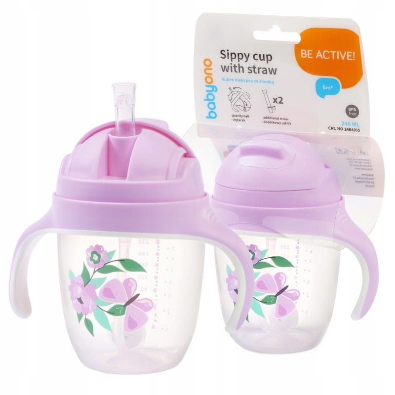 BABYONO KUBEK NIEKAPEK Z OBCIĄŻONĄ SŁOMKĄ SILIKONOWY USTNIK RÓŻ 240 ML 6M+