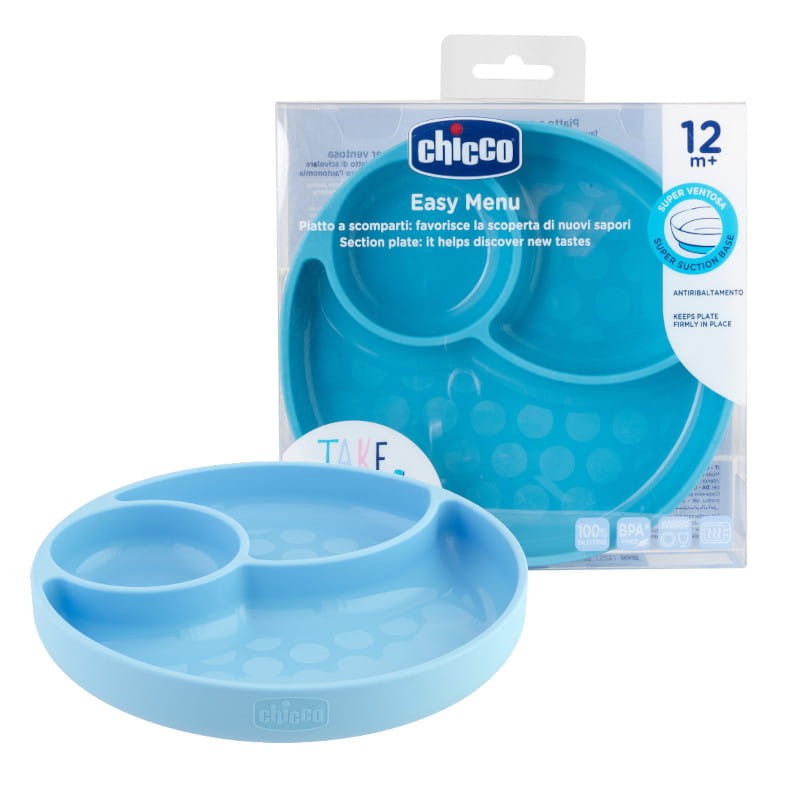Chicco Talerz Trójdzielny Silikonowy Z Przyssawką Niebieski Take Eat Easy 12m+