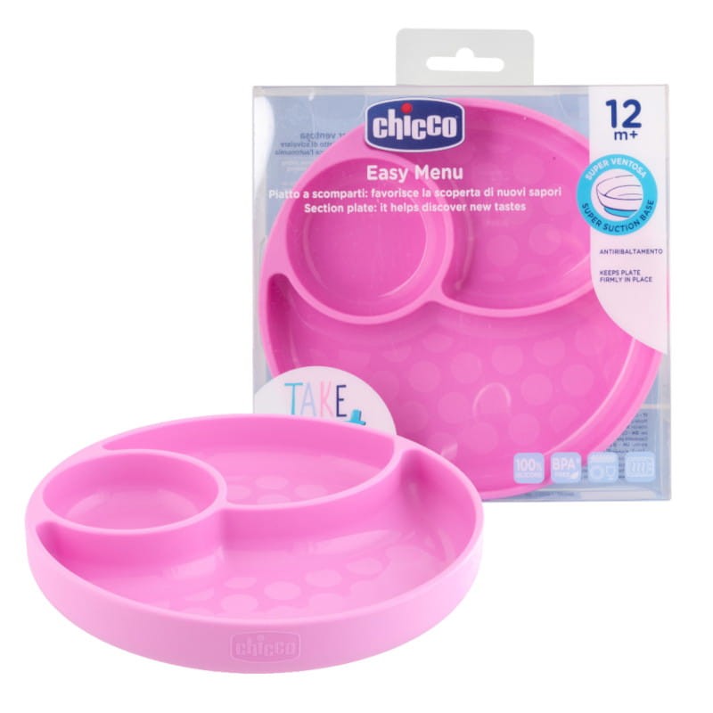Chicco Talerz Trójdzielny Silikonowy Z Przyssawką Różowy Take Eat Easy 12m+