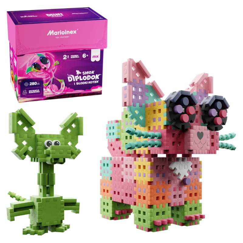 Marioinex Klocki Mini Waffle Smok Diplodok I Słodki Kotek 280 El.