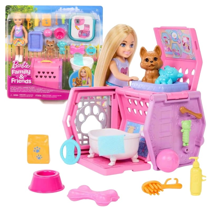Barbie Family & Friends Lalka Chelsea + Pies Piesek Transporter Dla Pieska Akcesoria