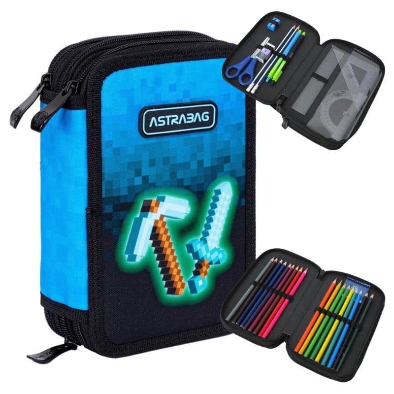 Astra Piórnik Jumbo Szkolny Potrójny Trzyklapkowy Z Wyposażeniem Etui Z Przyborami Szkolnymi Blue Pixel