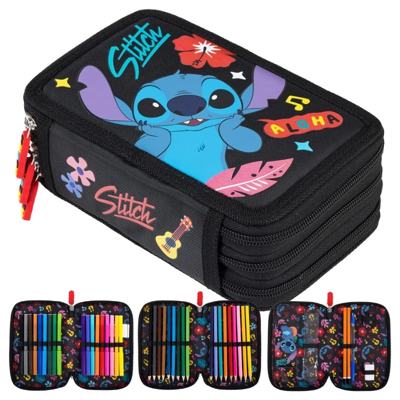 St. Majewski Piórnik Potrójny Szkolny Z Wyposażeniem Szkolnym Stitch Black Aloha