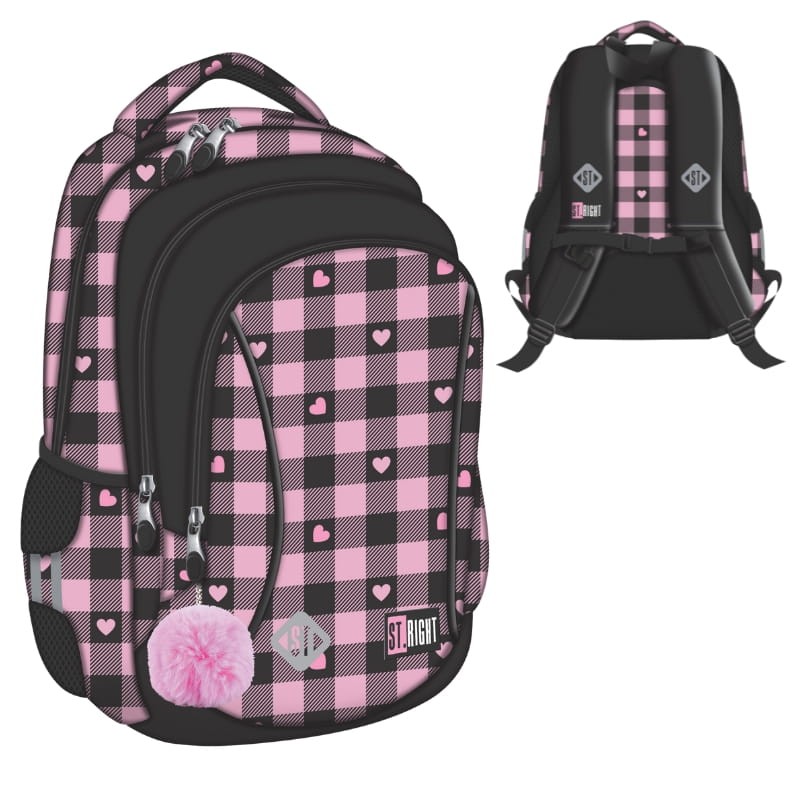 St. Right Plecak Szkolny Młodzieżowy Duży Trzykomorowy Pink Checkered
