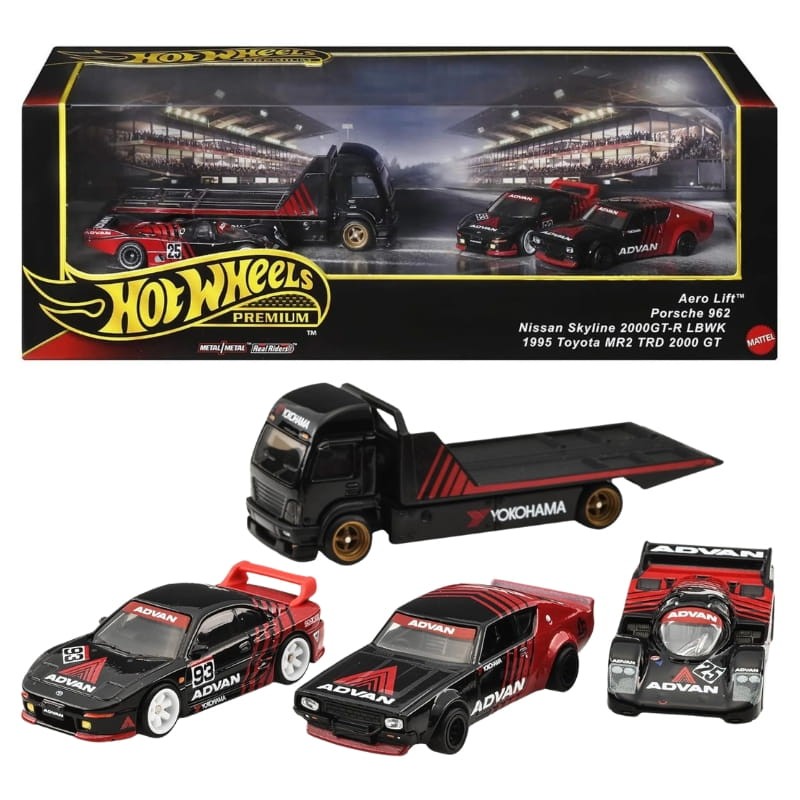 Hot Wheels Premium Zestaw 4 Pojazdów Autek Autka Samochodziki Laweta + 3 Resoraki Advan Race Team Collector 2025
