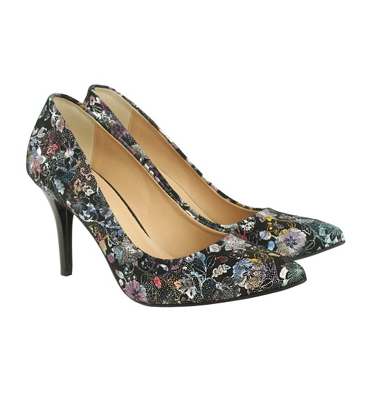 Czółenka Skórzane szpilki wysokie w kolorowe kwiatki (4893)