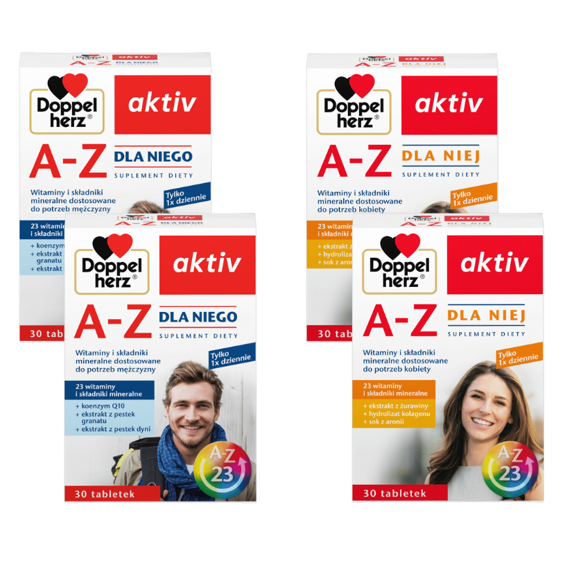 2x Doppelherz® aktiv A-Z Dla Niego, 2x30 tabletek + 2x Dla Niej, 4x30 tabletek ZESTAW