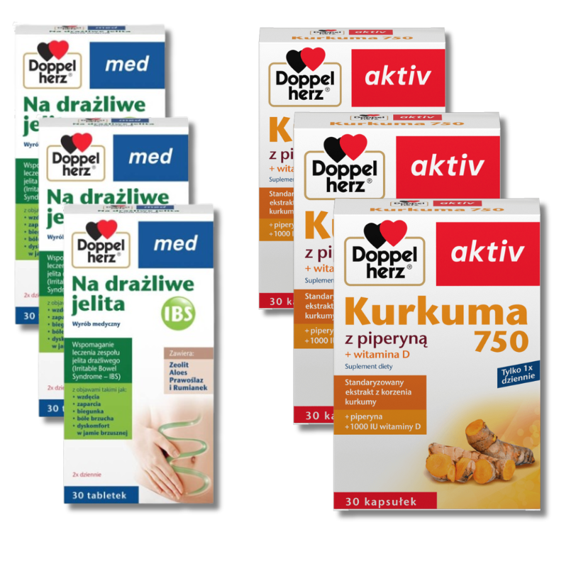 3x Doppelherz® med Na drażliwe jelita, 30 tabletek + 3x Doppelherz® aktiv Kurkuma 750, 30 kapsułek ZESTAW