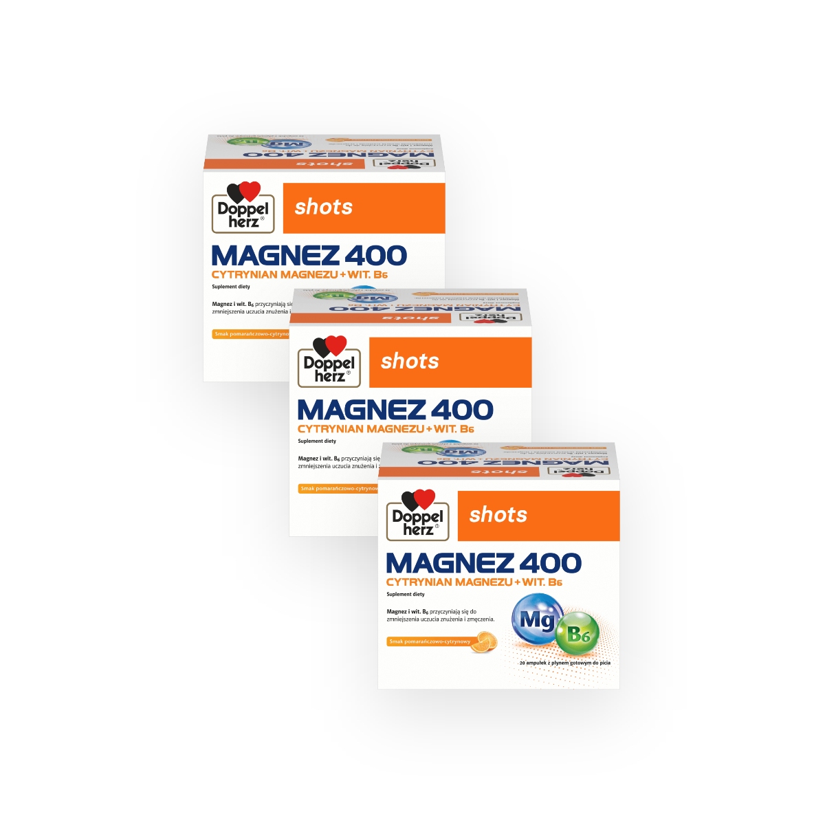 3x Doppelherz® shots MAGNEZ 400 Cytrynian magnezu + wit. B6, 3x20 ampułek ZESTAW