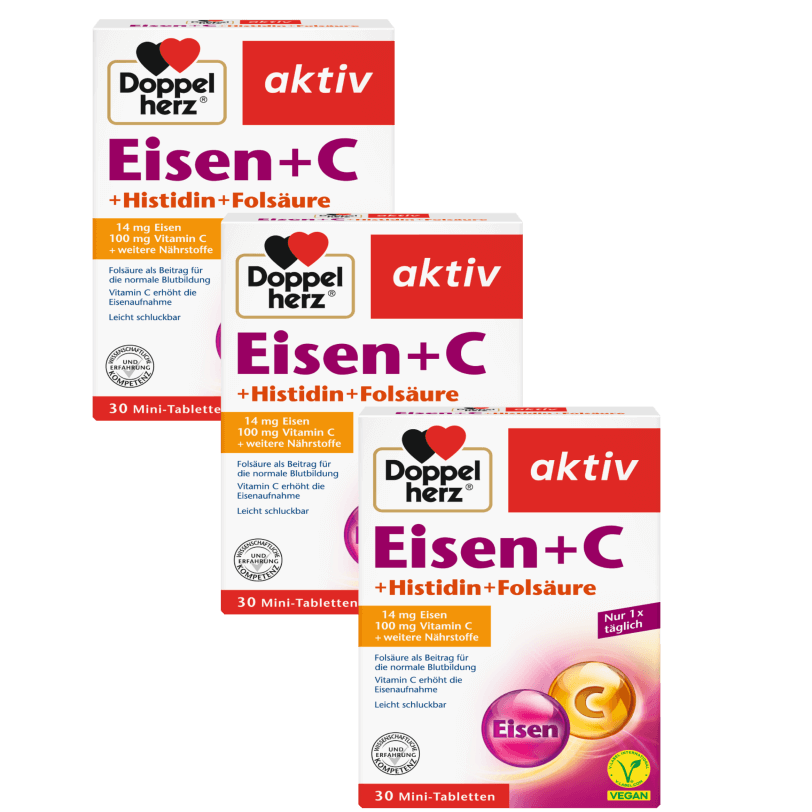 3x Doppelherz® aktiv Żelazo i witamina C z kwasem foliowym, 3x30 tabletek ZESTAW
