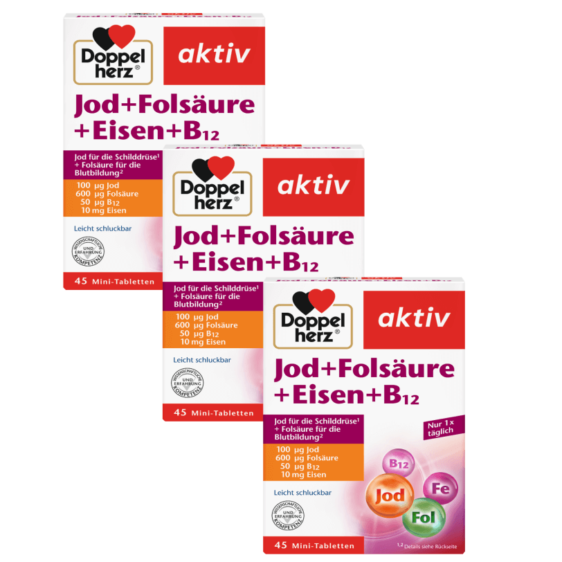 3x Doppelherz® aktiv Jod z kwasem foliowym, żelazem i wit. B12, 3x45 tabletek ZESTAW